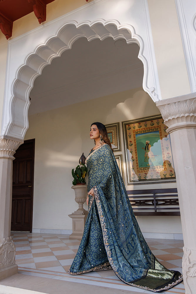 Handcrafted Indigo Ajrakh Modal Silk Saree With Zardozi Work