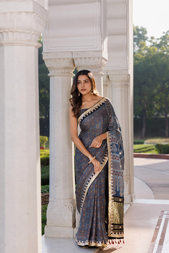 Handcrafted Indigo Ajrakh Modal Silk Saree With Gota Patti Work