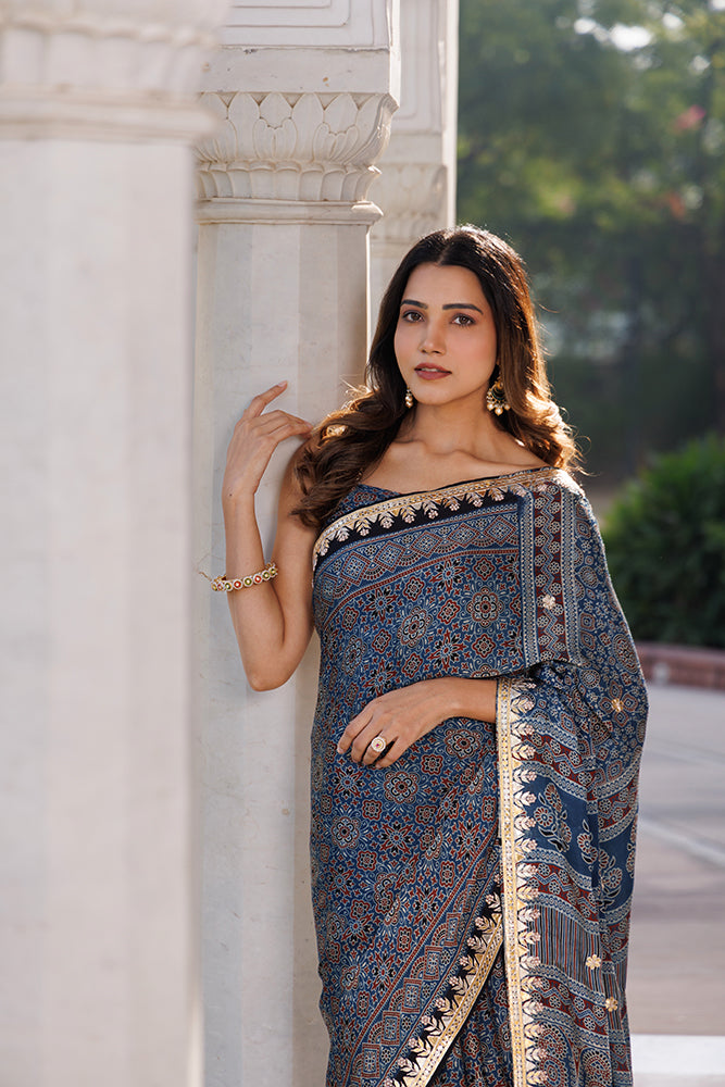 Handcrafted Indigo Ajrakh Modal Silk Saree With Gota Patti Work