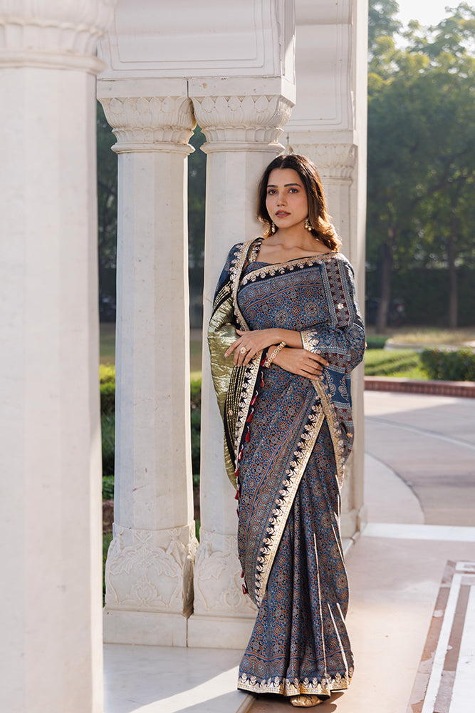 Handcrafted Indigo Ajrakh Modal Silk Saree With Gota Patti Work