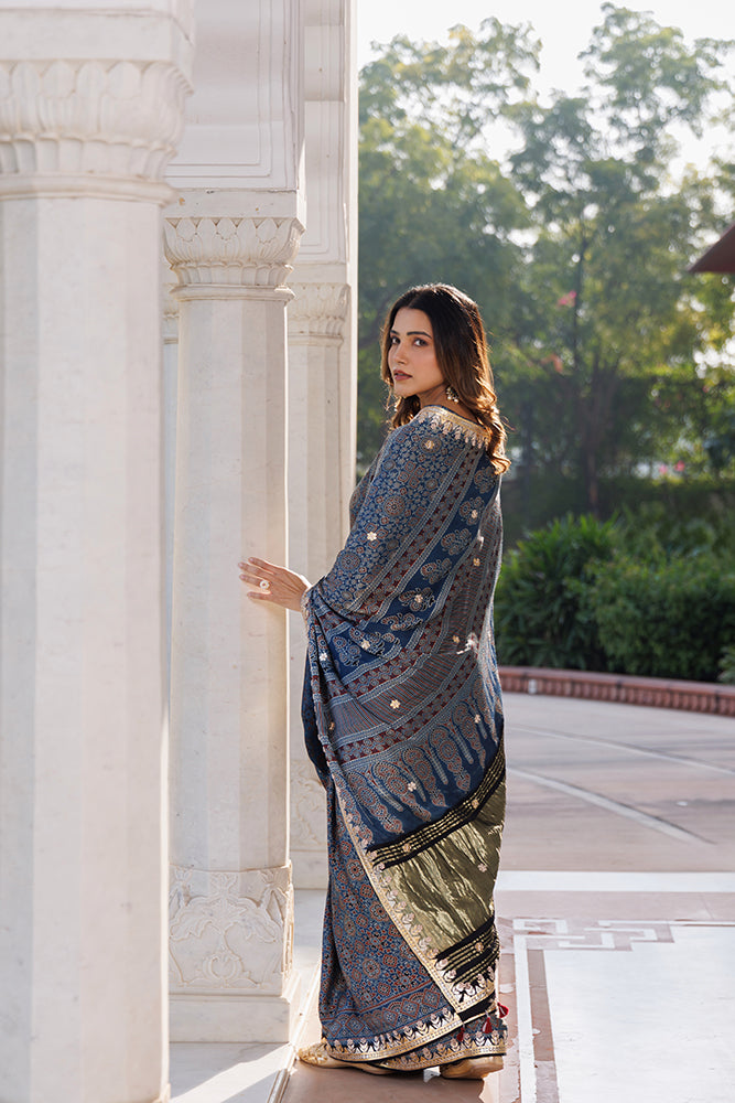 Handcrafted Indigo Ajrakh Modal Silk Saree With Gota Patti Work