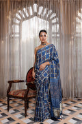 Handcrafted Blue Ajrakh Saree Featuring Zari Check Pattern