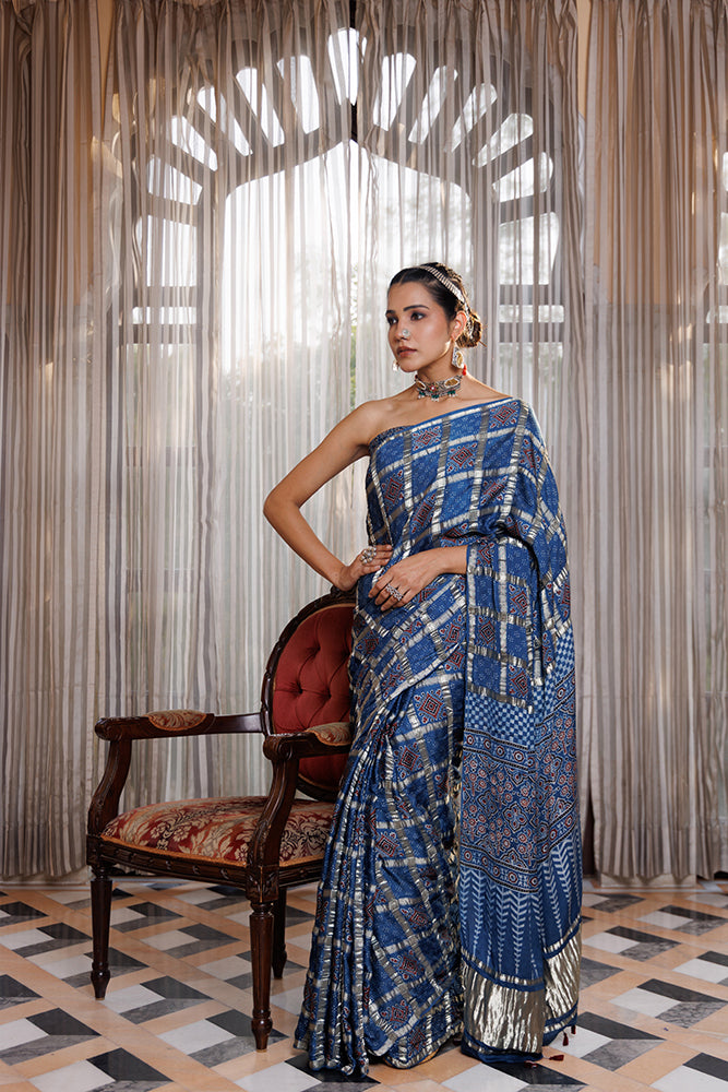 Handcrafted Blue Ajrakh Saree Featuring Zari Check Pattern