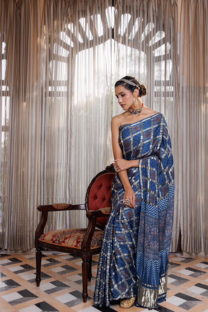 Handcrafted Blue Ajrakh Saree Featuring Zari Check Pattern