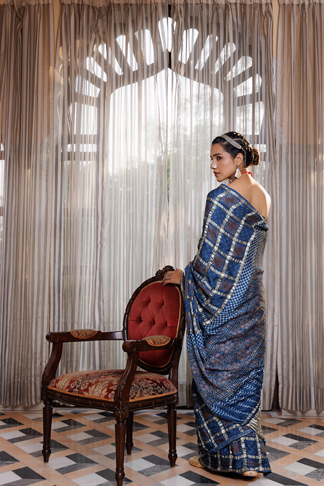 Handcrafted Blue Ajrakh Saree Featuring Zari Check Pattern