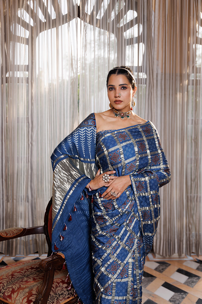 Handcrafted Blue Ajrakh Saree Featuring Zari Check Pattern
