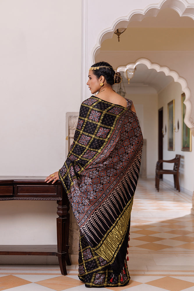 Black Ajrakh Hand-Block Printed Modal Silk Saree With Zari Check Weave