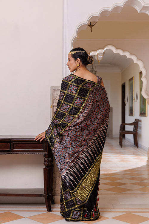 Black Ajrakh Hand-Block Printed Modal Silk Saree With Zari Check Weave