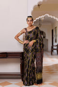 Black Ajrakh Hand-Block Printed Modal Silk Saree With Zari Check Weave