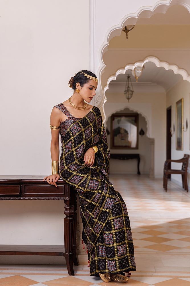 Black Ajrakh Hand-Block Printed Modal Silk Saree With Zari Check Weave