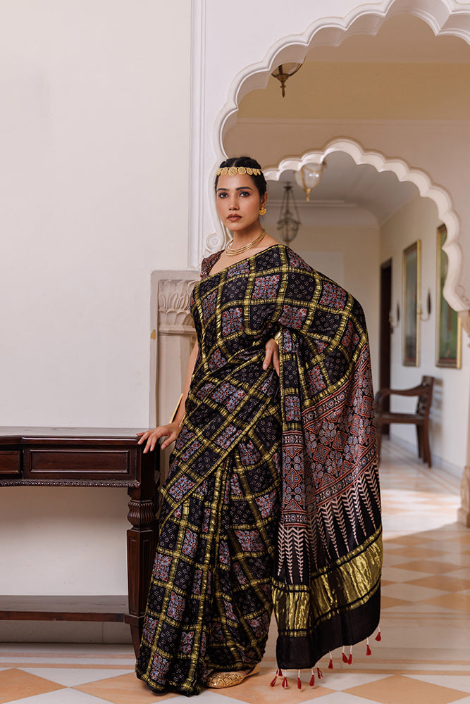 Black Ajrakh Hand-Block Printed Modal Silk Saree With Zari Check Weave
