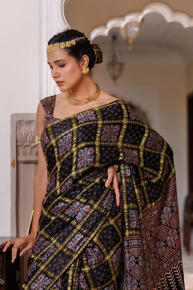 Black Ajrakh Hand-Block Printed Modal Silk Saree With Zari Check Weave