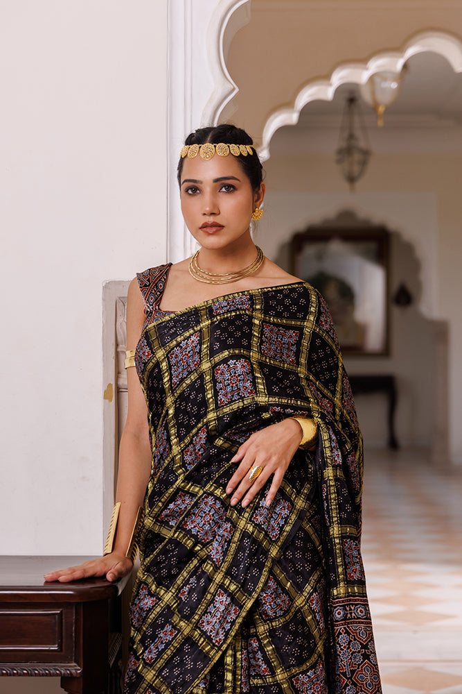 Black Ajrakh Hand-Block Printed Modal Silk Saree With Zari Check Weave