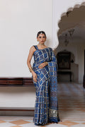 Handcrafted Blue Ajrakh Saree With All-Over Zari Checks