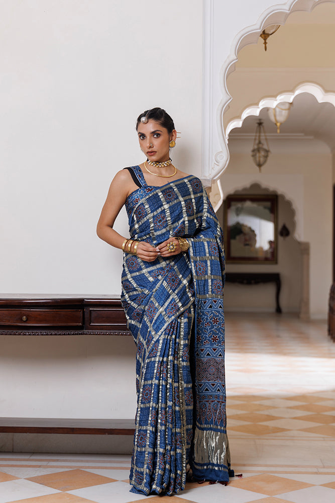 Handcrafted Blue Ajrakh Saree With Zari Checks