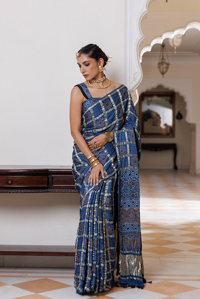 Handcrafted Blue Ajrakh Saree With Zari Checks
