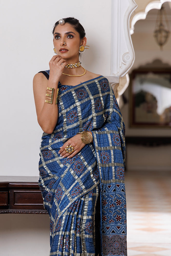 Handcrafted Blue Ajrakh Saree With Zari Checks