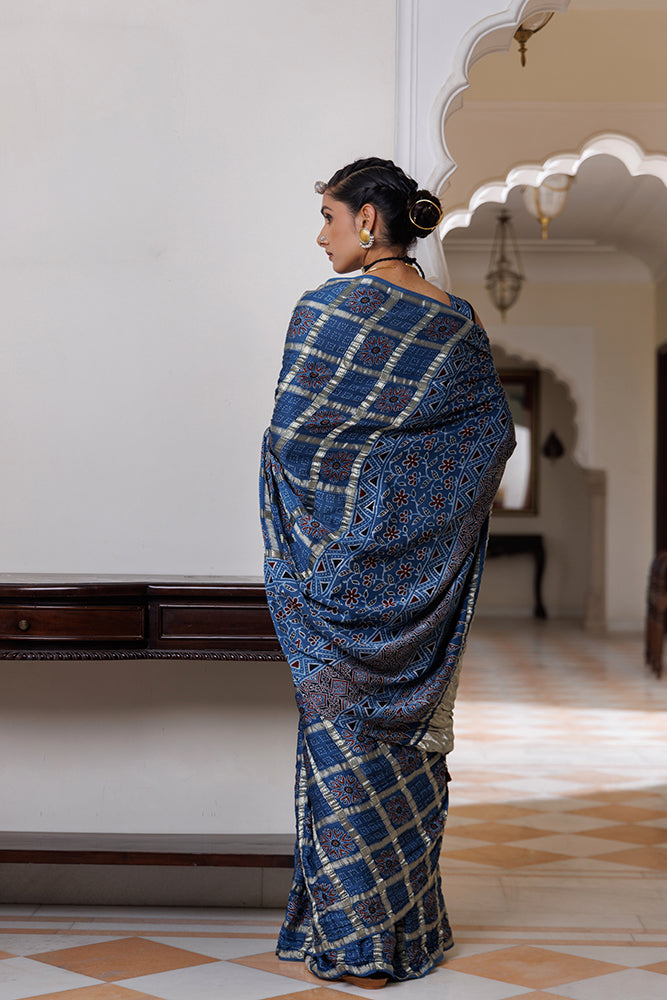 Handcrafted Blue Ajrakh Saree With Zari Checks