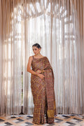 Brown Ajrakh Hand-Block Printed Modal Silk Saree With Zari Checks