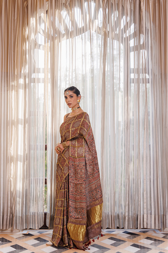 Brown Ajrakh Hand-Block Printed Modal Silk Saree With Zari Checks