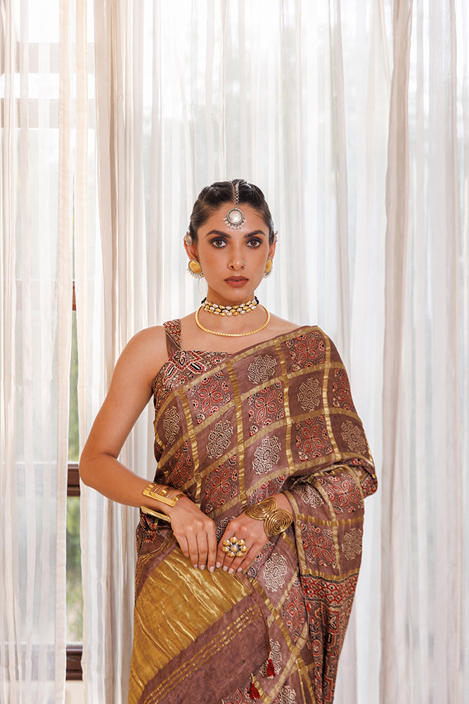 Brown Ajrakh Hand-Block Printed Modal Silk Saree With Zari Checks
