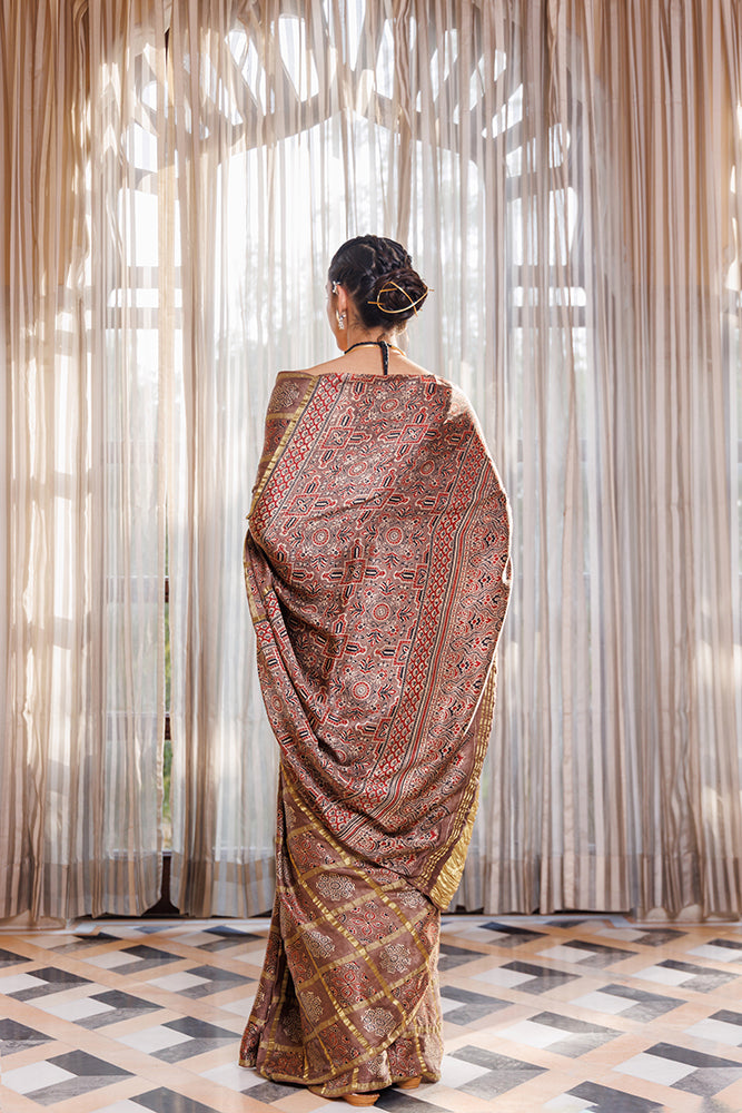 Brown Ajrakh Hand-Block Printed Modal Silk Saree With Zari Checks