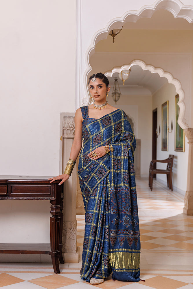 Blue Ajrakh Hand-Block Printed Modal Silk Saree With Zari Checks