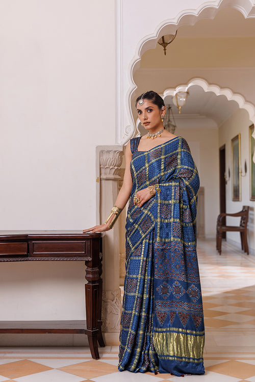 Blue Ajrakh Hand-Block Printed Modal Silk Saree With Zari Checks