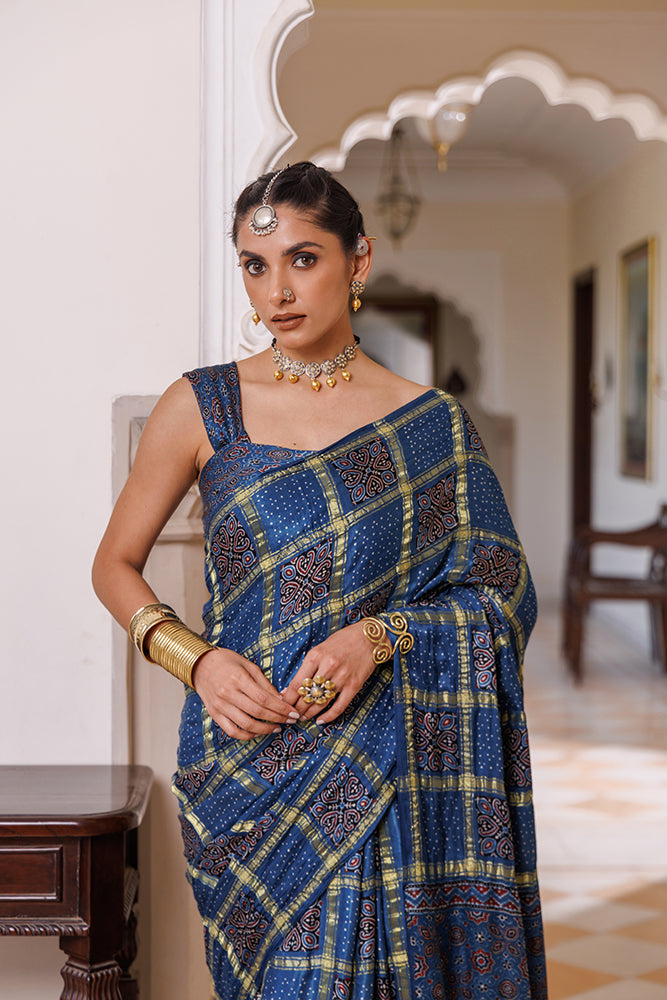 Blue Ajrakh Hand-Block Printed Modal Silk Saree With Zari Checks