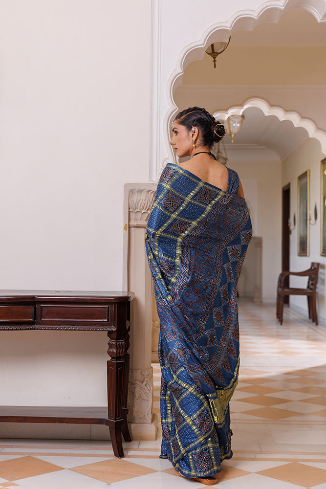 Blue Ajrakh Hand-Block Printed Modal Silk Saree With Zari Checks