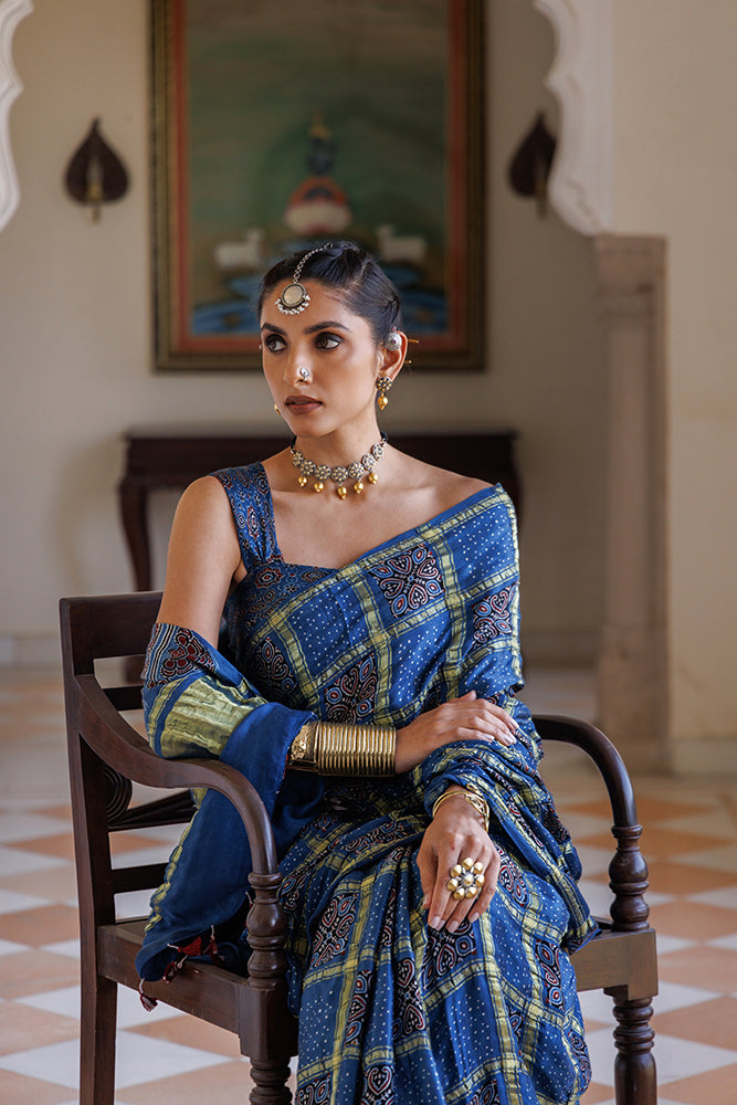 Blue Ajrakh Hand-Block Printed Modal Silk Saree With Zari Checks