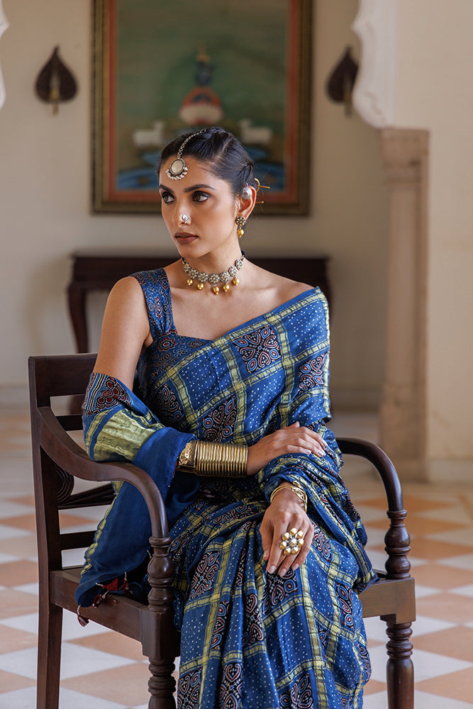 Blue Ajrakh Hand-Block Printed Modal Silk Saree With Zari Checks