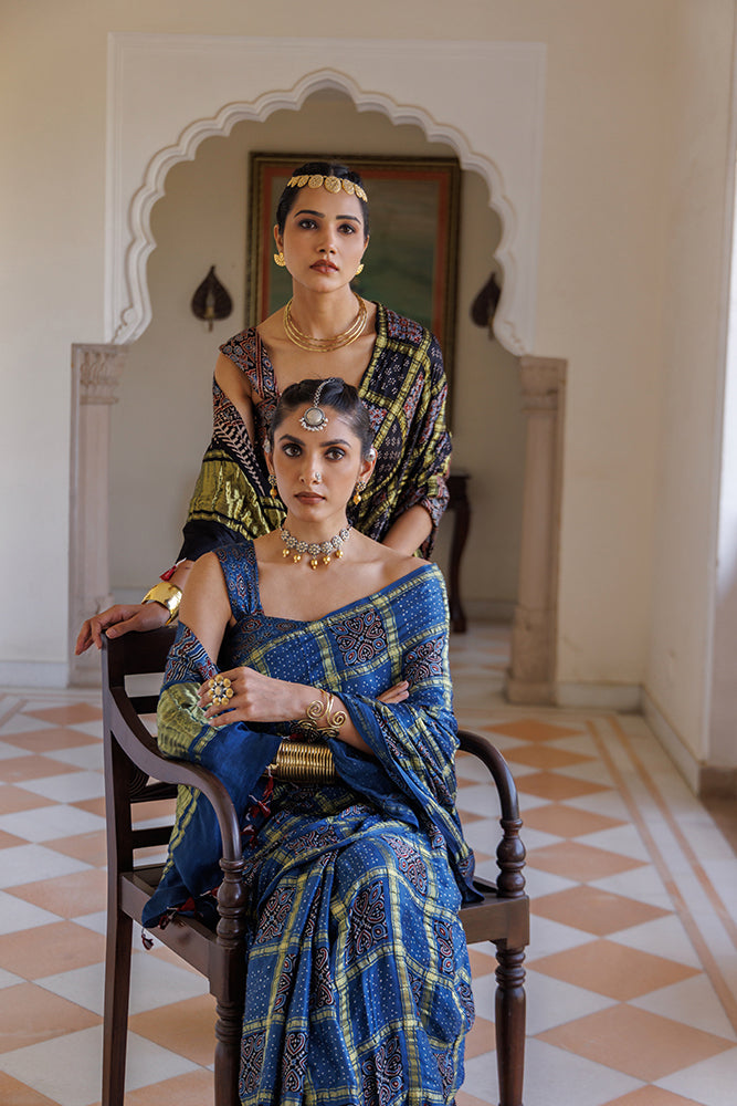 Blue Ajrakh Hand-Block Printed Modal Silk Saree With Zari Checks
