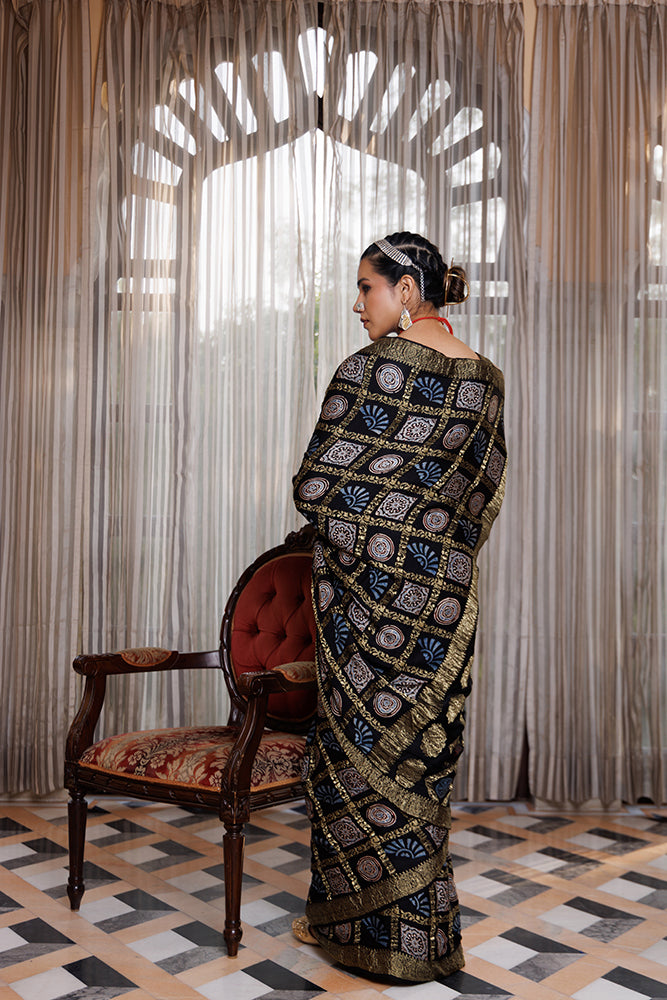 Handcrafted Black Ajrakh Modal Silk Saree With Zari Checks