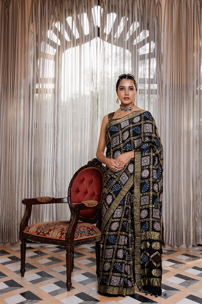 Handcrafted Black Ajrakh Modal Silk Saree With Zari Checks
