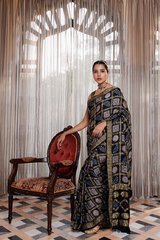 Handcrafted Black Ajrakh Modal Silk Saree With Zari Checks