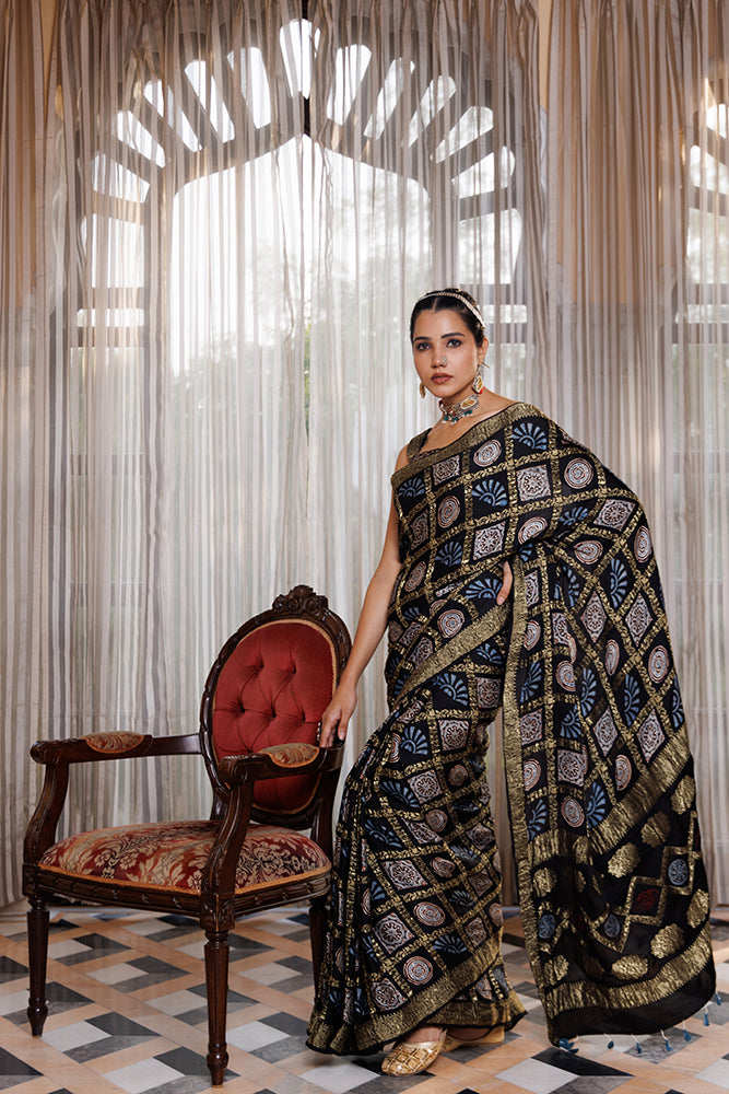 Handcrafted Black Ajrakh Modal Silk Saree With Zari Checks