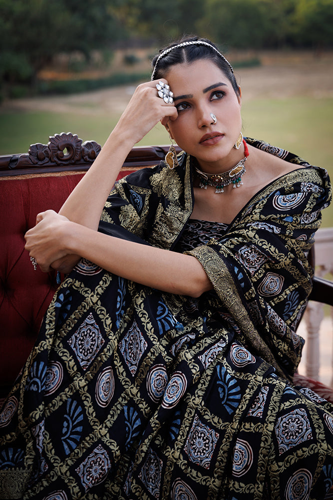 Handcrafted Black Ajrakh Modal Silk Saree With Zari Checks