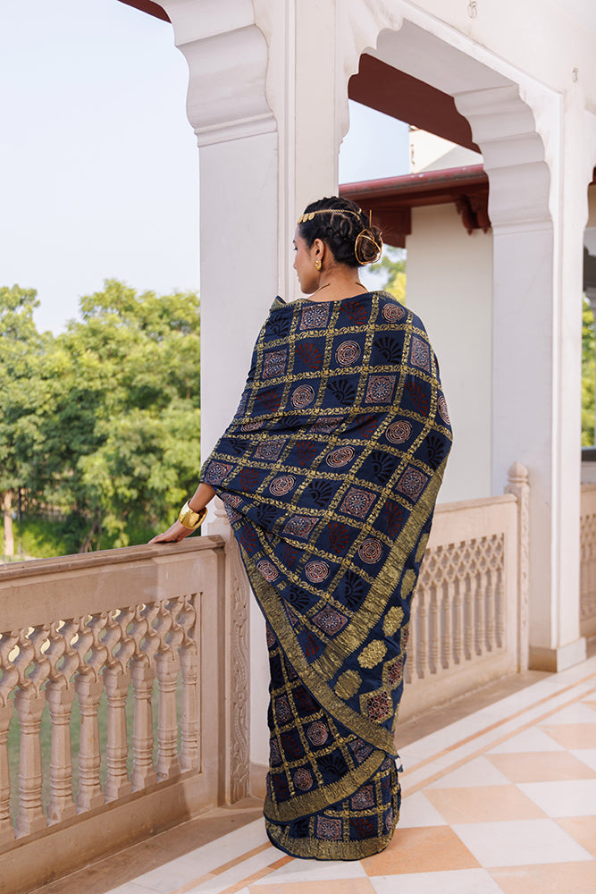 Handcrafted Indigo Ajrakh Hand-Block Printed Modal Silk Saree