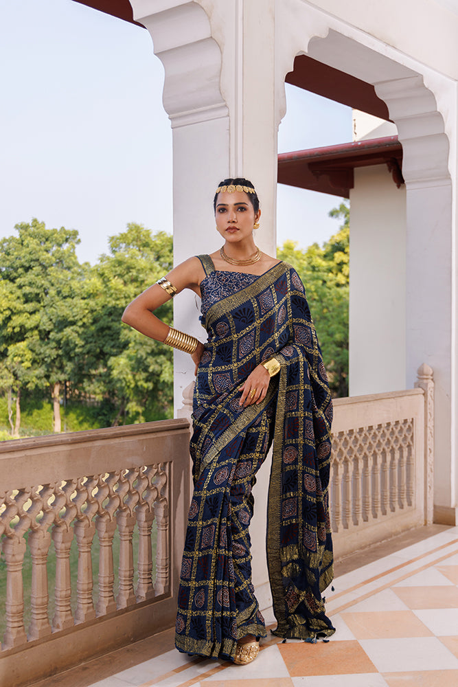 Handcrafted Indigo Ajrakh Hand-Block Printed Modal Silk Saree