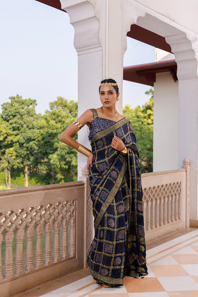Handcrafted Indigo Ajrakh Hand-Block Printed Modal Silk Saree