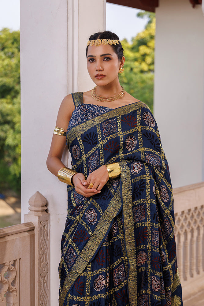 Handcrafted Indigo Ajrakh Hand-Block Printed Modal Silk Saree