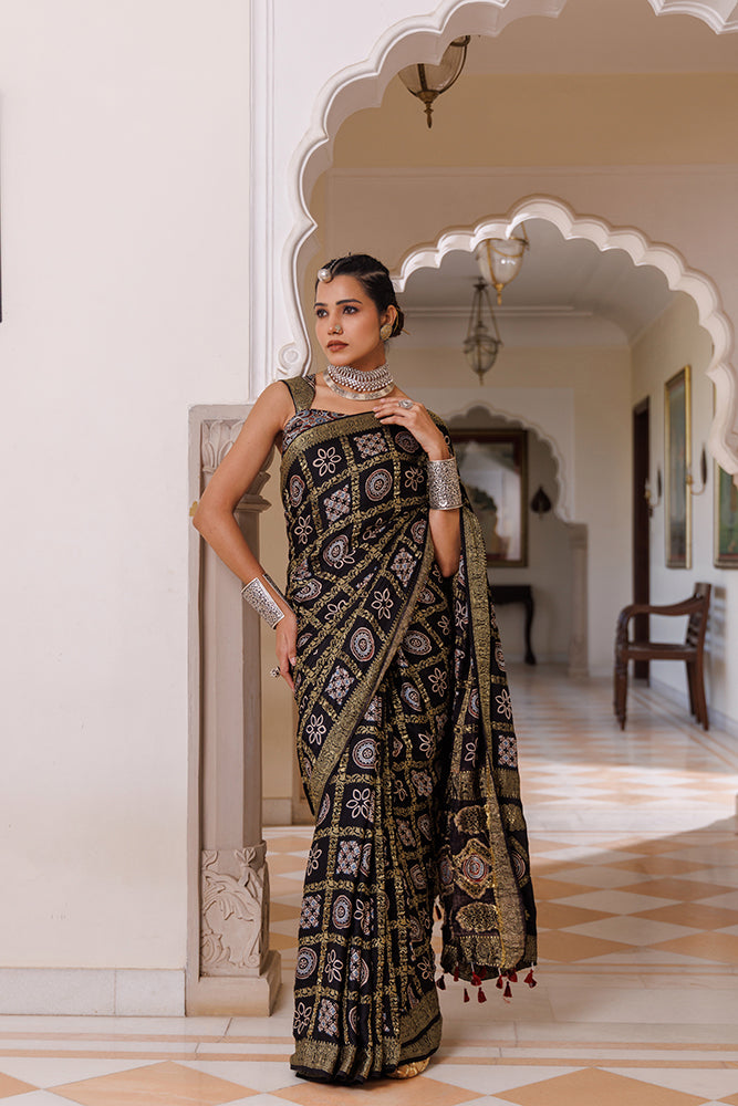 Black Ajrakh Modal Silk Saree With Artisanal Zari