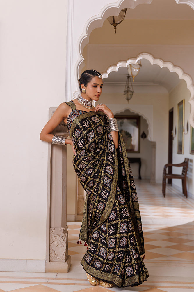 Black Ajrakh Modal Silk Saree With Artisanal Zari