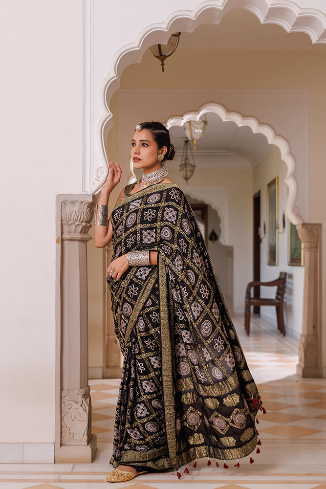 Black Ajrakh Modal Silk Saree With Artisanal Zari