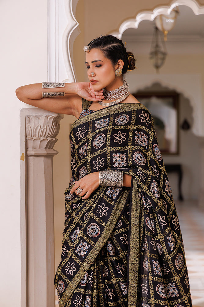 Black Ajrakh Modal Silk Saree With Artisanal Zari
