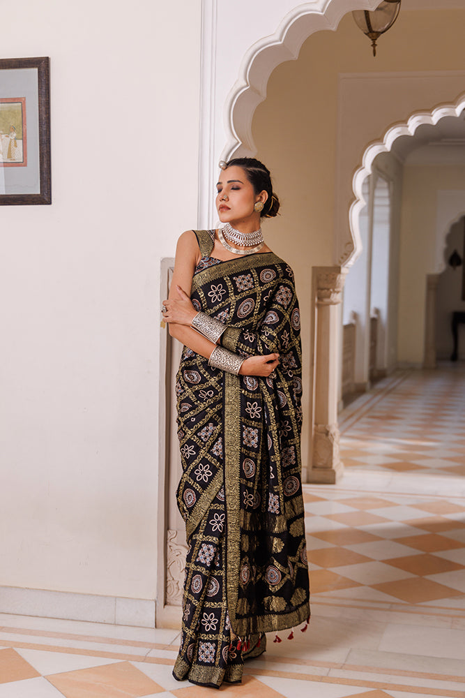 Black Ajrakh Modal Silk Saree With Artisanal Zari