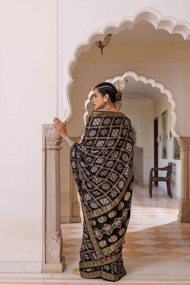 Black Ajrakh Modal Silk Saree With Artisanal Zari