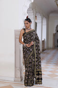 Handcrafted Black Ajrakh Modal Silk Saree With All-Over Zari Check Motifs