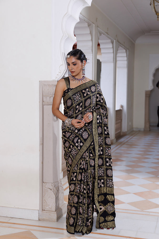 Handcrafted Black Ajrakh Modal Silk Saree With Zari Check Motifs